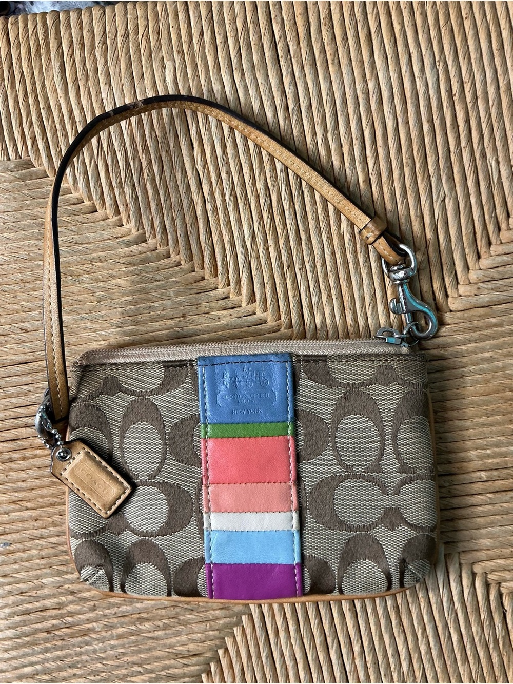 Coach Brown Signature Canvas Wristlet with Multicolor Stripe